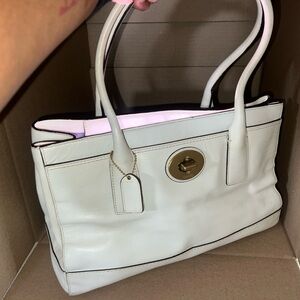 Coach White Leather Tote Bag with Gold Accents